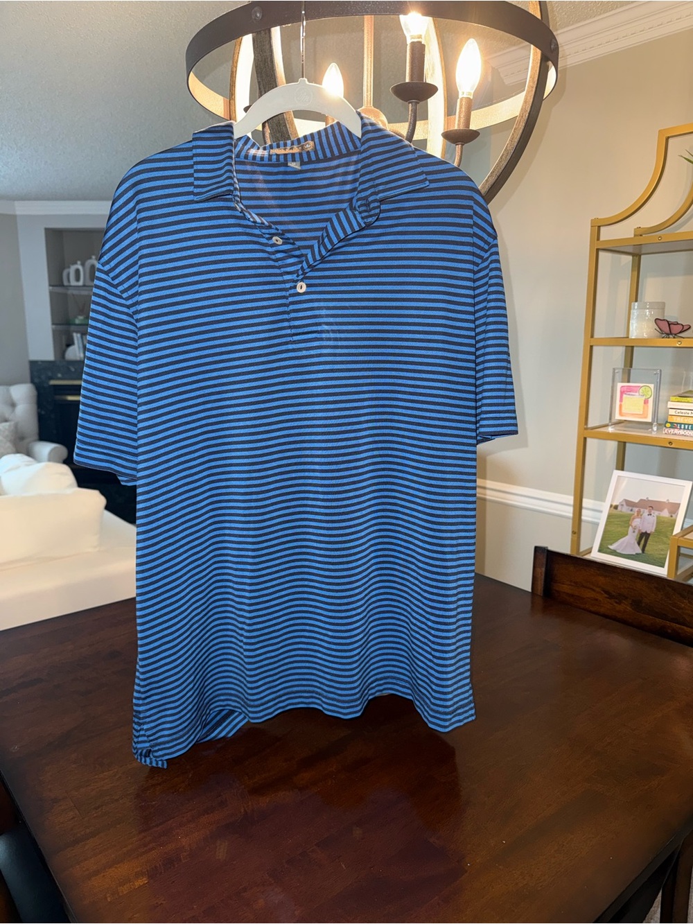 Peter Millar Blue and Black Striped Polo Shirt- Size M